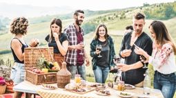 friends enjoying food and wine together in italy