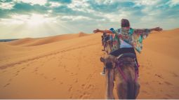 travelers on camelback in the desert